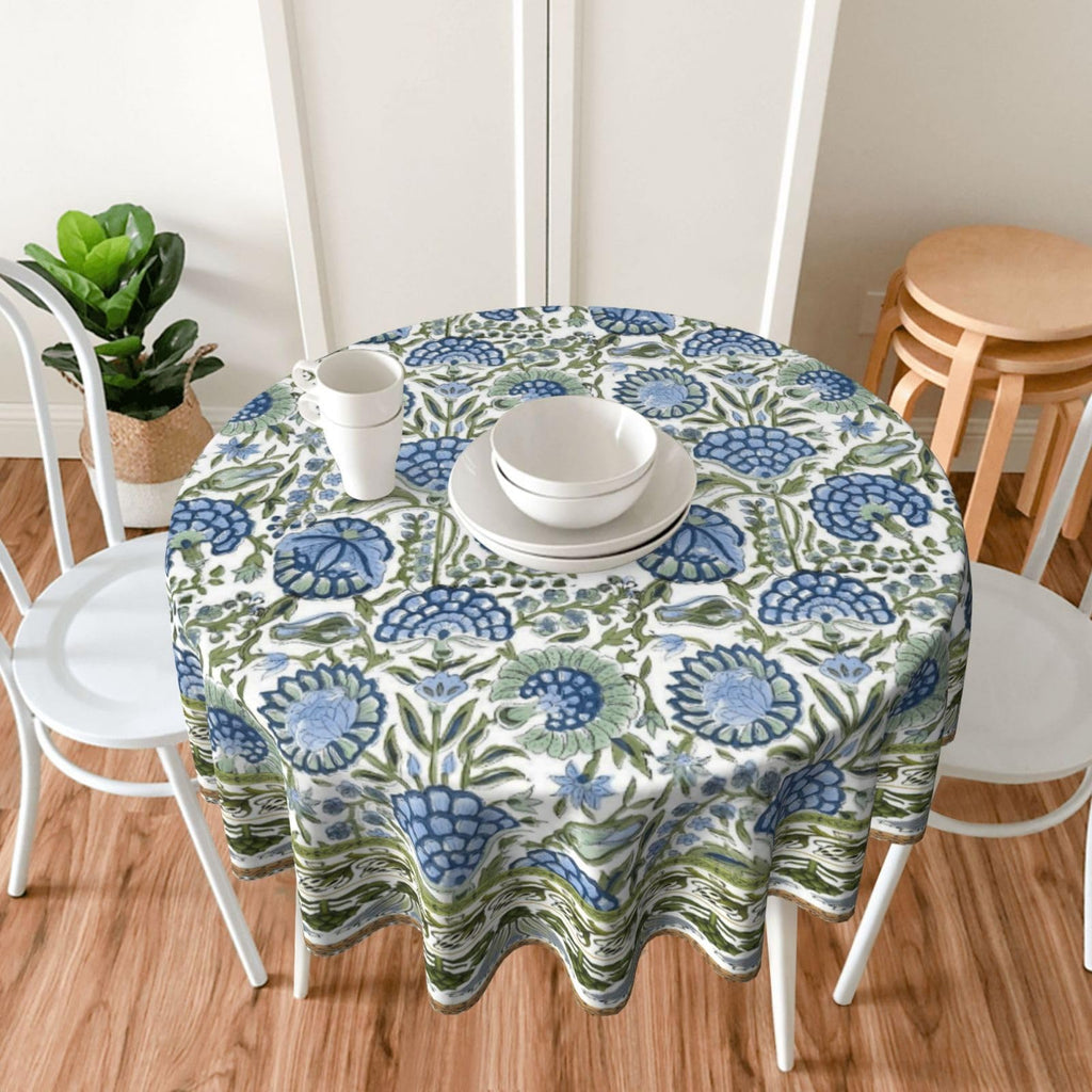Boho Navy Blue Tablecloth 70 Inch Round Sage Green Floral Table Cloth Vintage Flower Decorative Polyester Stain