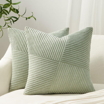 Decorative SageGreen Throw Pillow Covers 22x22 Inch, Soft Corduroy Pillow Covers Textured Striped Patchwork Cushion