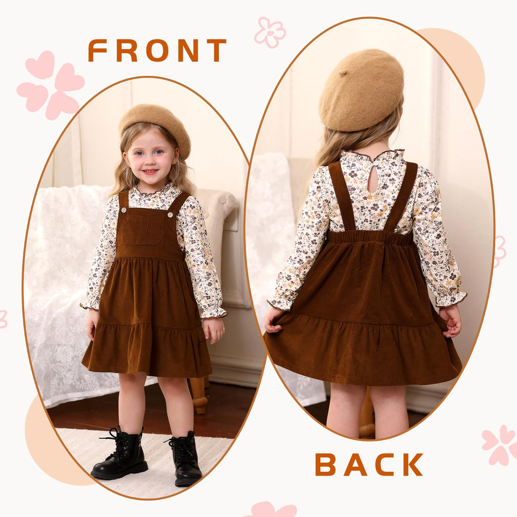 Toddler Girl Clothes Long Sleeve Fall Outfits Ruffle Ribbed Floral Tops Overall Dress Set with Pocket