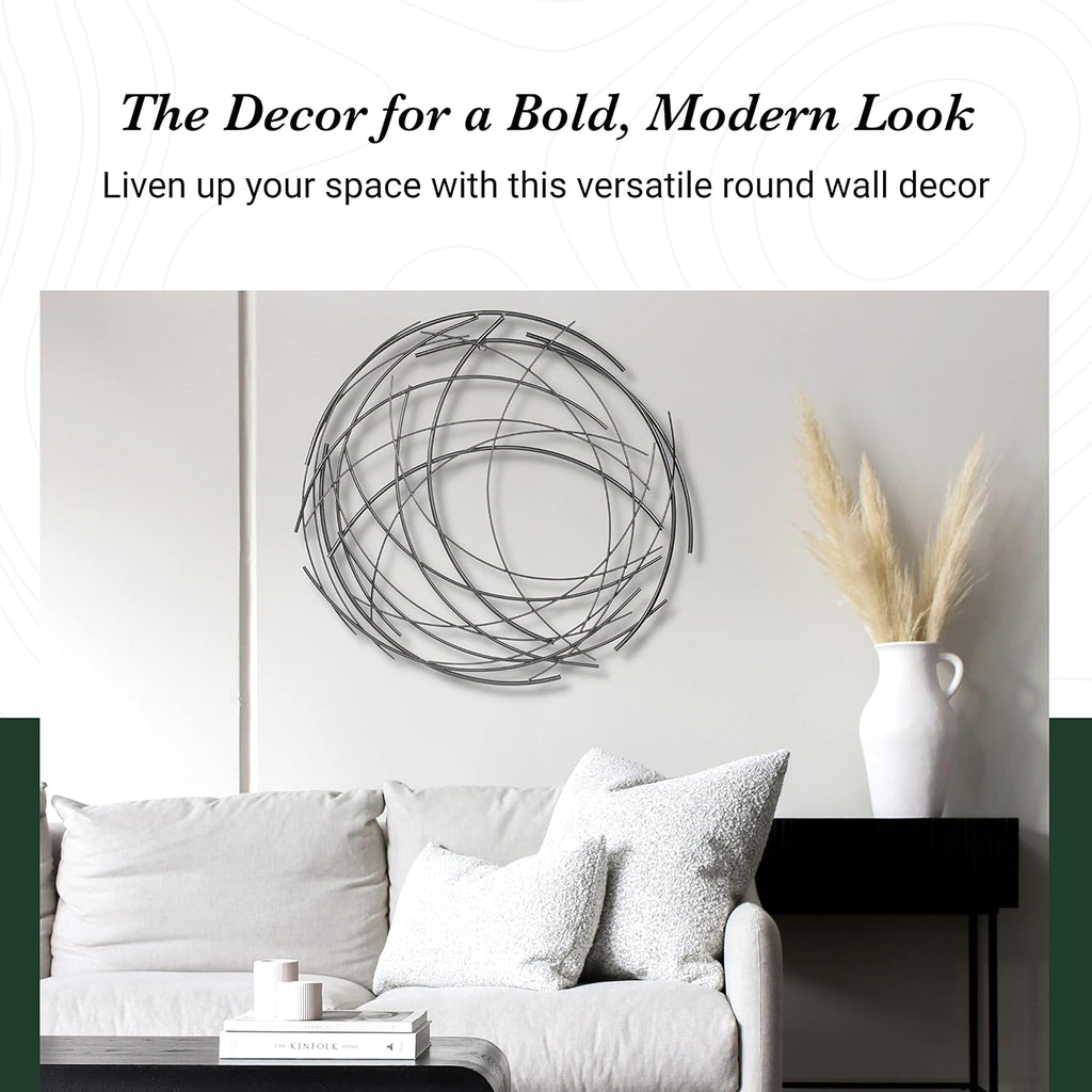 Denine Abstract Round Metal Wall Art - Handcrafted Modern 25" Silver Sculpture