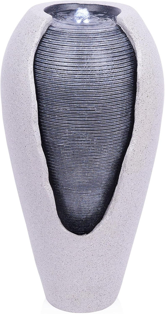29" Tall Two Tone Ribbed Jar Floor Fountain with LED Lights - Elegant Water Feature, Easy Setup with Pump & Plug-in