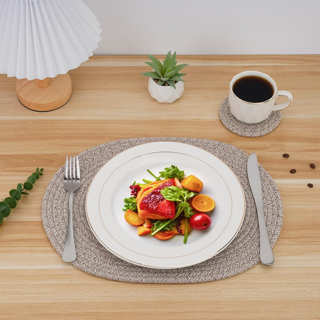 Handmade Boho Placemats Oval - Natural Woven Cotton Farmhouse Table Mats for Dining Table, Fall, Halloween - Set of 6