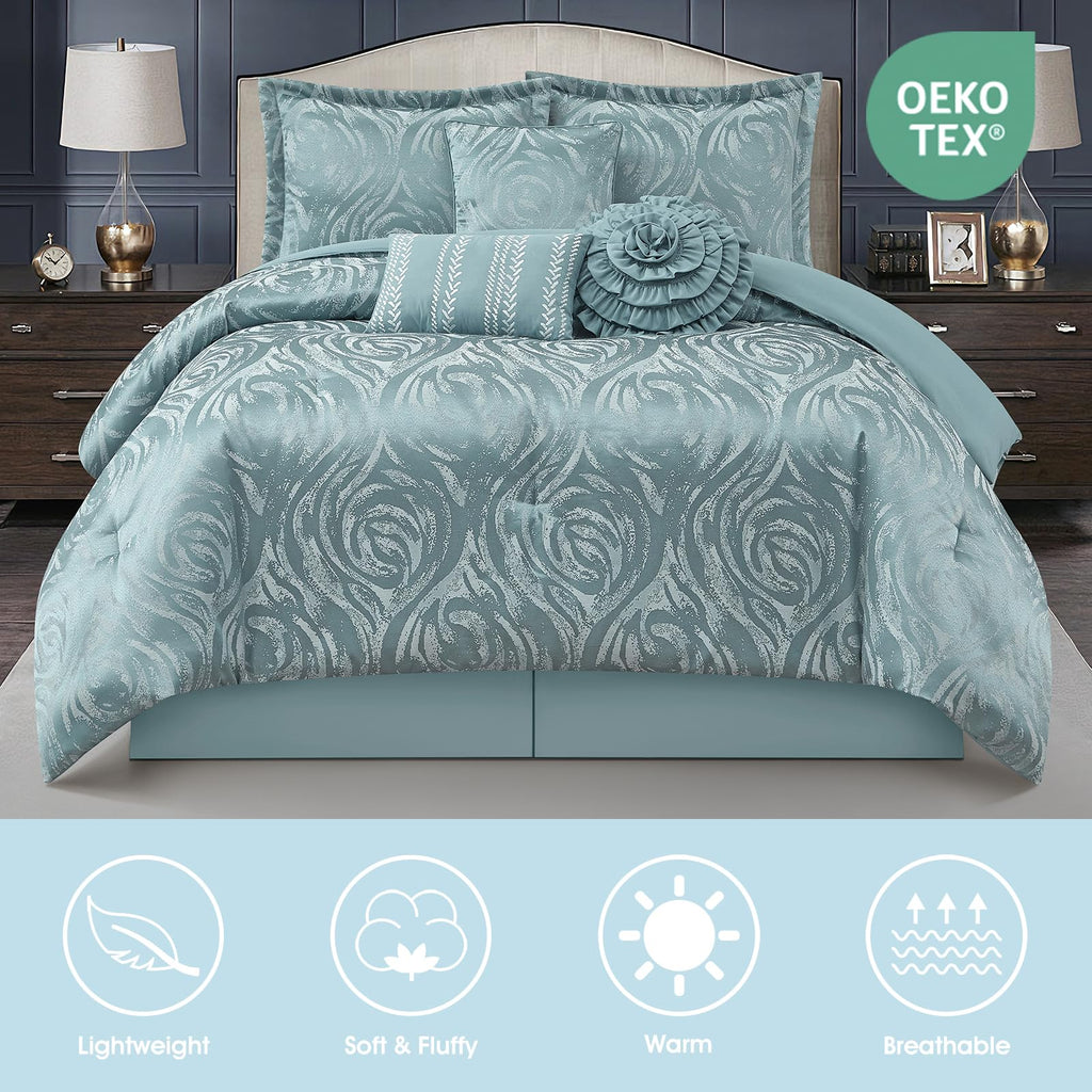 Blue 7 Piece Comforter Set, Elegant Floral Jacquard, Ultra Soft Bed Set for All Seasons, Bed in a Bag, Include