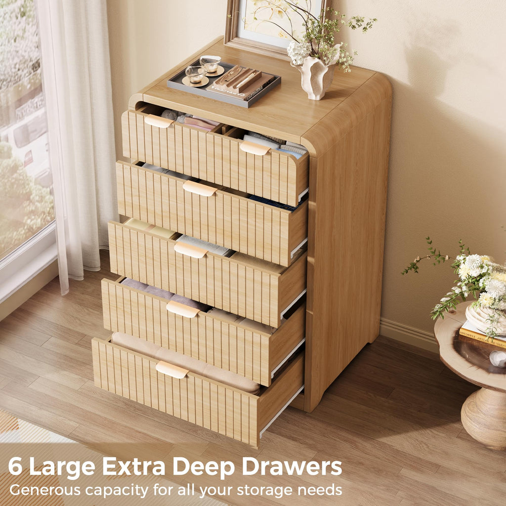 Fluted 6 Drawer Dresser - 43" Tall Dresser Chest of Drawers, Fluted Dresser, Metal Handle, Wood Dresser (Light Wood)