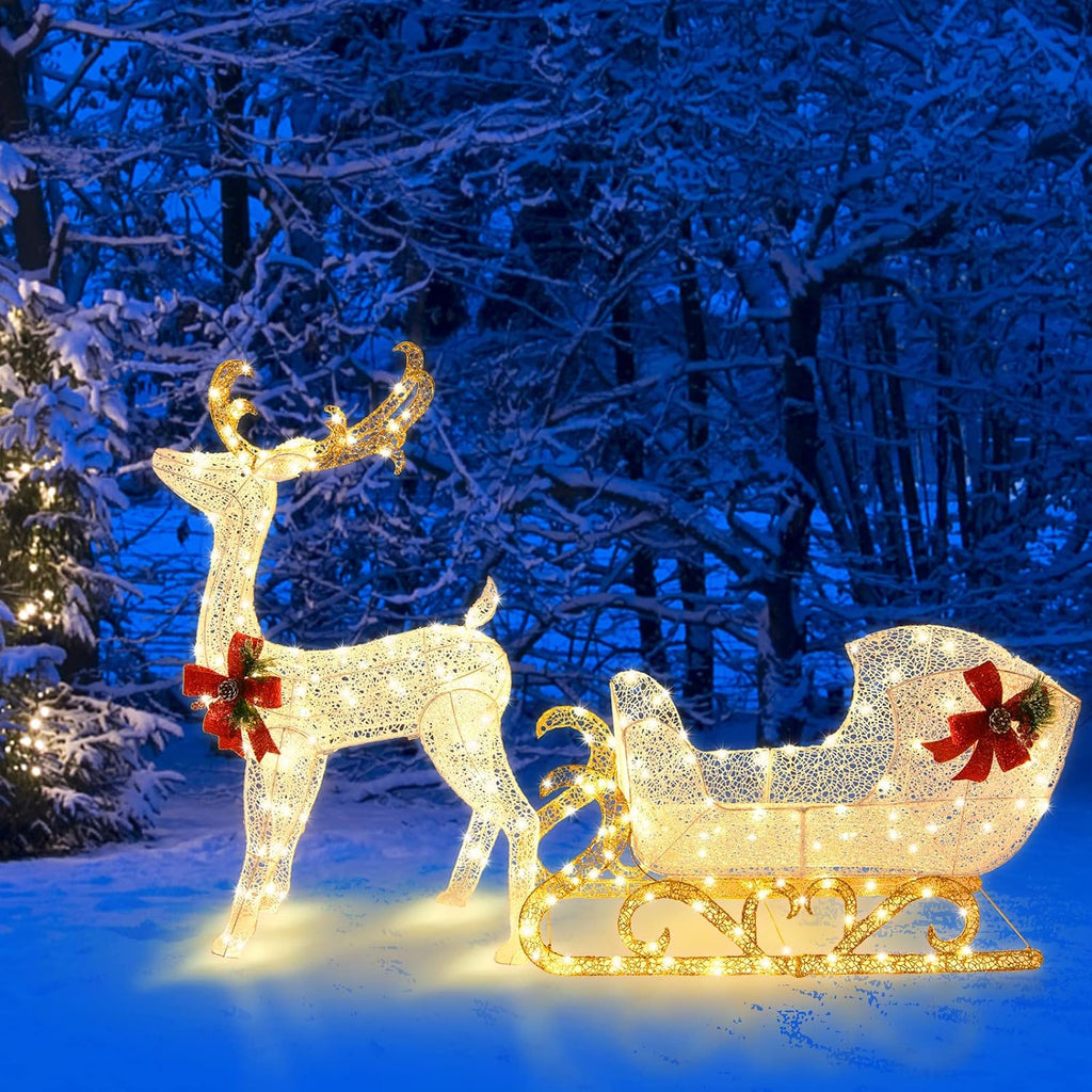 6 FT Christmas Lighted Reindeer & Santa's Sleigh Set, Warm White