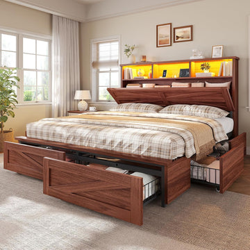 Queen Bed Frame with 6 Drawers, Farmhouse Bed Frame with Barn Door Headboard and Storage, Wood Platform Bed Frame