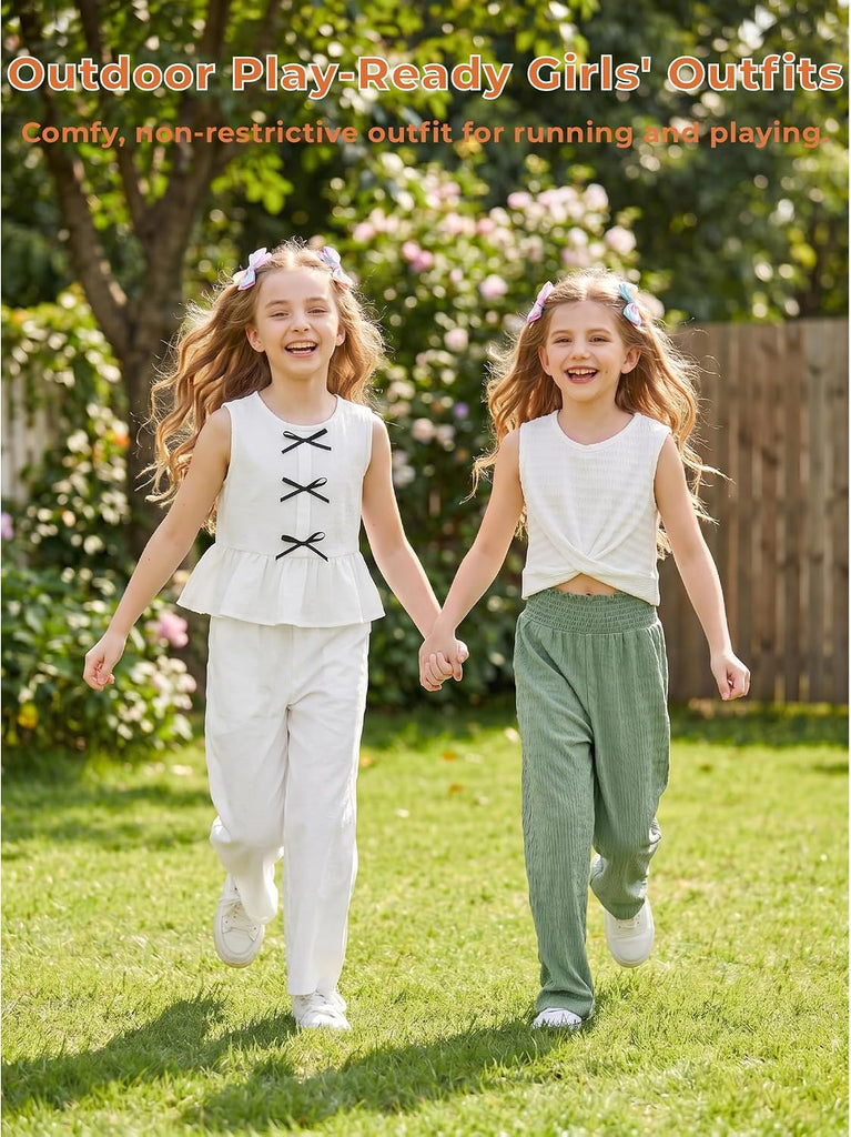 Girls' Clothing Sets Sleeveless Bow Crop Top Wide Leg Linen Pants 2026 Summer Outfits Cute Kids Clothes