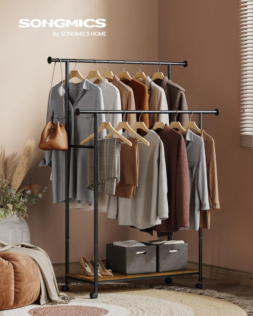 Clothes Rack with Wheels, Steel Garment Rack with Shelf