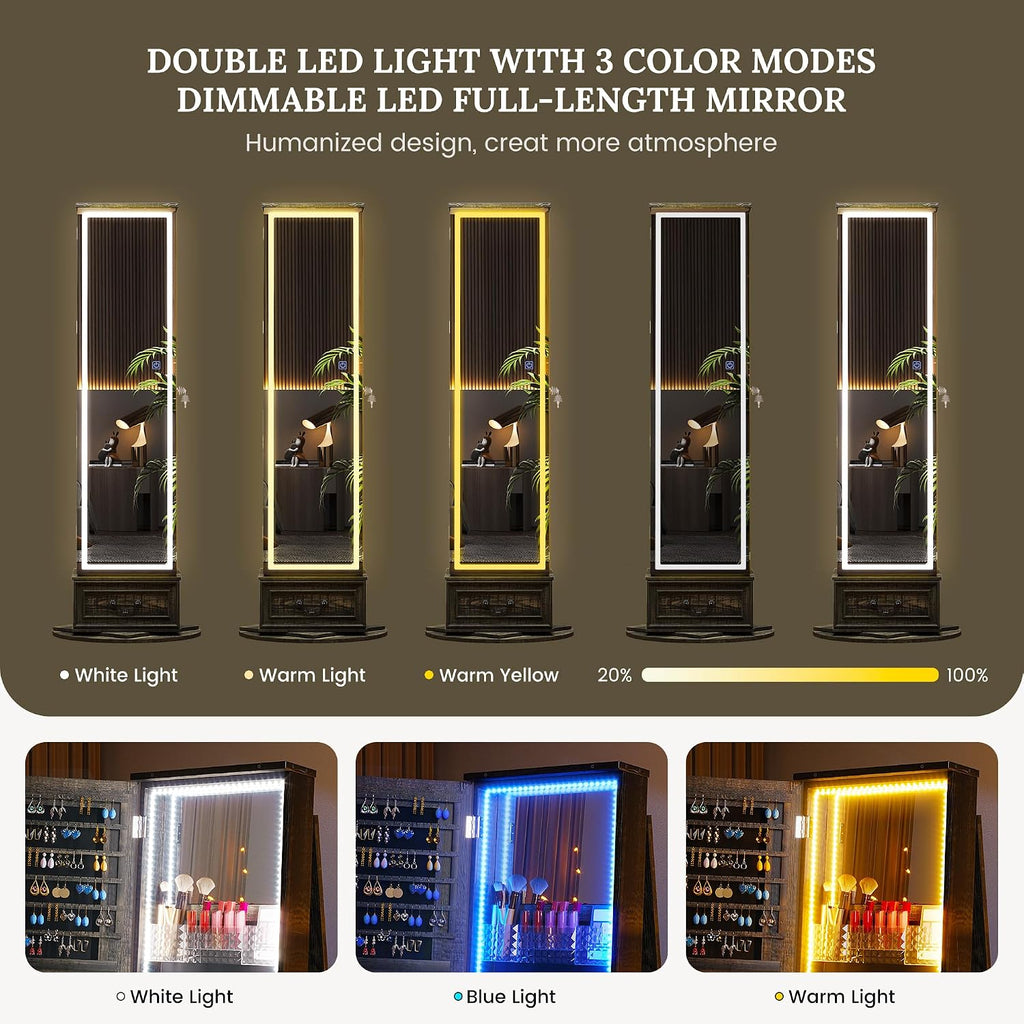 LED Mirror Jewelry Cabinet Standing, 360°Swivel Jewelry Armoire with Full Length Mirror, Mirror with Jewelry Storage