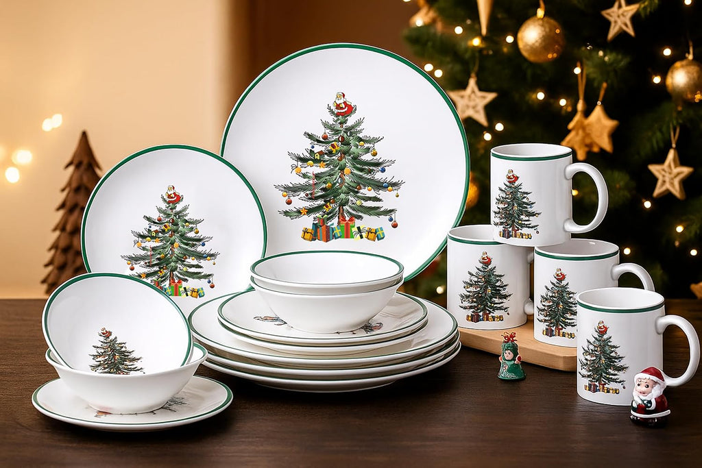 16 Piece Christmas Dinnerware Sets with Green Edge, Christmas Tree Porcelain Dinnerware Set for Xmas (4 * 10.5 Inch