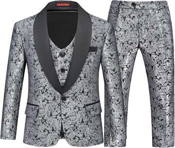 Boys Suit 3 Pieces Slim Fit Tuxedo Formal Set with Floral Jacquard Jacket Pant Vest for Wedding Prom Party