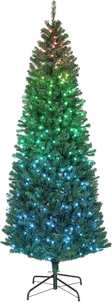 7ft Prelit Christmas Tree with Colorful LED Lights Slim Fir Green | DIY Synchronized Lights, Xmas Tree, 12 Modes