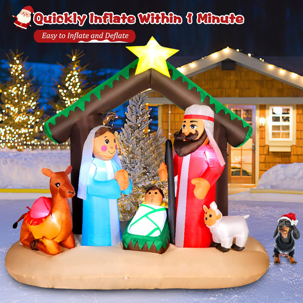 7FT Christmas Inflatable Nativity Scene with Baby Jesus, Parents, Donkey, Sheep, Star, Blow Up Manger Set Indoor &