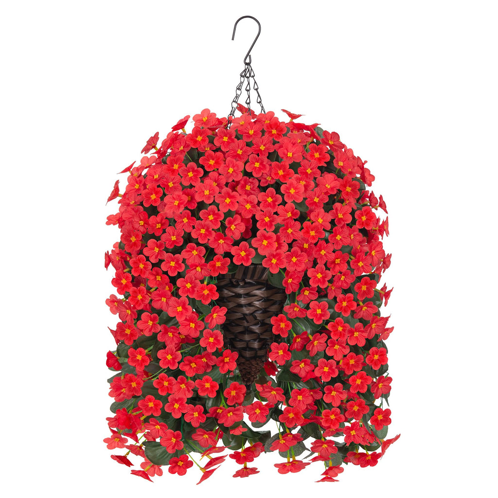 Artificial Hanging Flowers with Baskets for Decor, Fake Silk Red Hanging Daisy Orchid Flowers Plants, Faux Flower