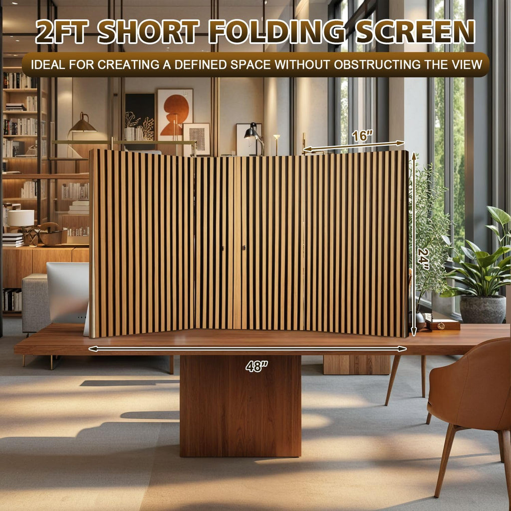 2 Ft Room Divider Screen Made Wood slats Portable Short Canvas Folding Screen 3 Panel Freestanding Separator Privacy