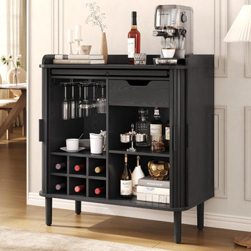 Fluted Bar Cabinet with Storgae, Wine Cabinet, 33" H, Black | Coffee Bar Cabinet, Liquor Cabinet, with Charging