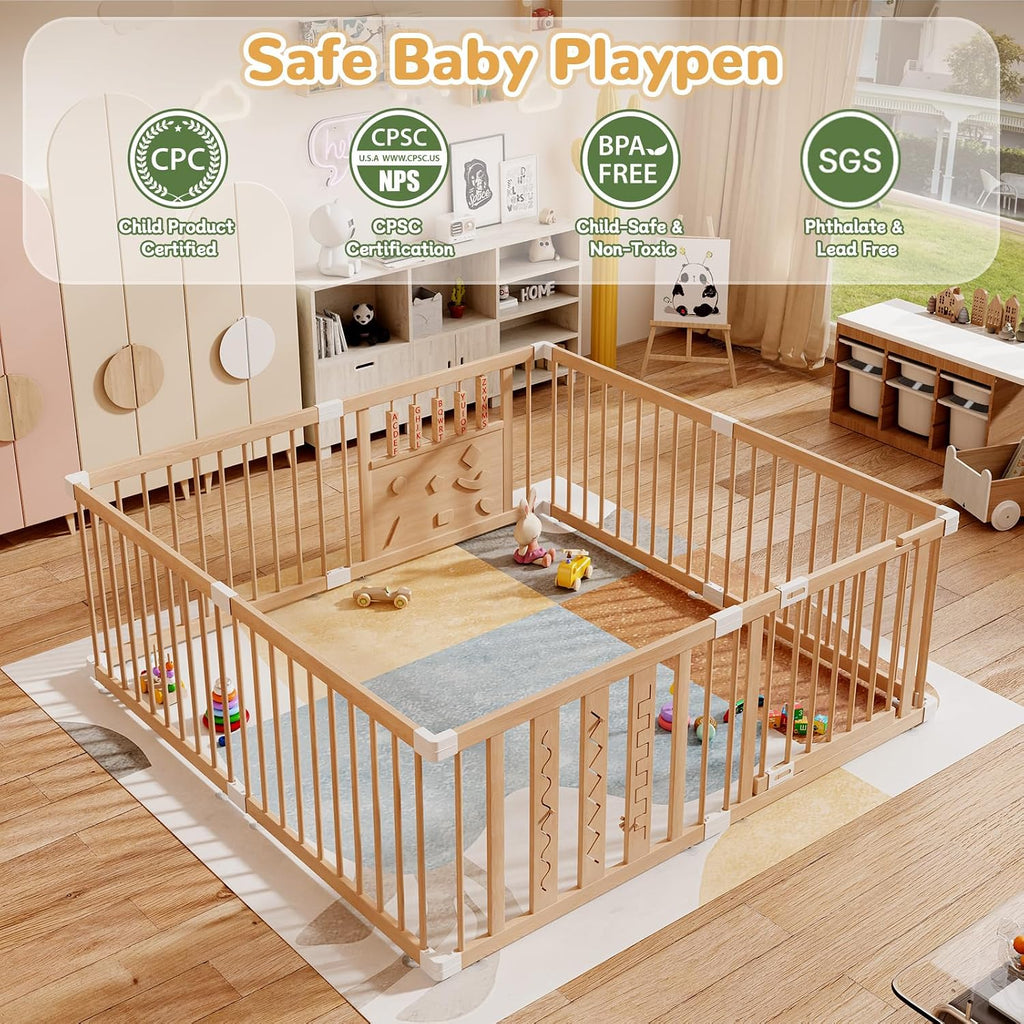 Wooden Baby Playpen, 64"x64" Extra Large Play Yard for Toddlers | Natural Wood Playpen with Child-Proof Lock, Easy