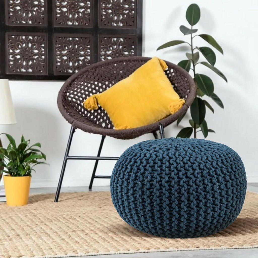 Knitted Pouf Ottoman Foot Rest - Round Poofy Ottoman Furniture - Stuffed Floor Poufs for Sitting, Elegant Poof