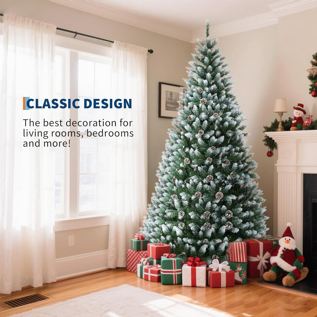 Pre-Lit Artificial Christmas Tree with 900 Warm White LEDs, Mixed Pinecone Decor, Sturdy Metal Base - Green