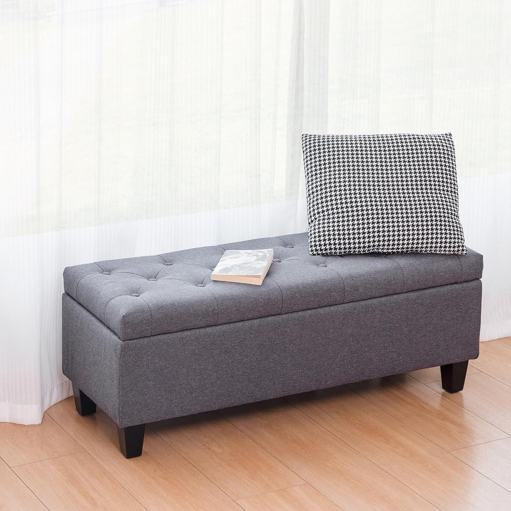 42" Storage Ottoman Bench, End of Bed Storage Bench,330 LBS Load | Button Tufted Fabric , Solid Wood Leg, Safety
