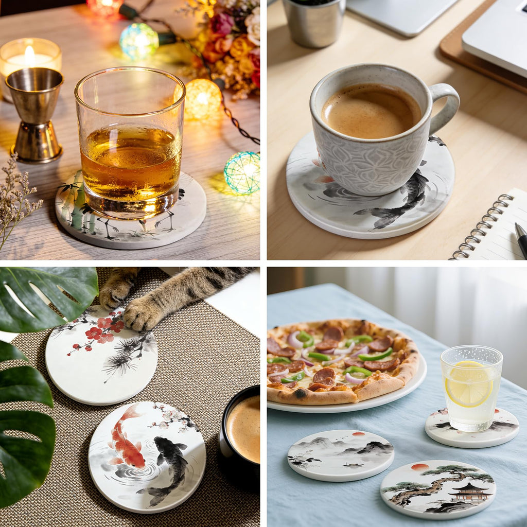 Ceramic Coasters for Drinks, Round Absorbent Drink Coasters Set of 8 with Holder, Japanese Cherry Blossom and Ink