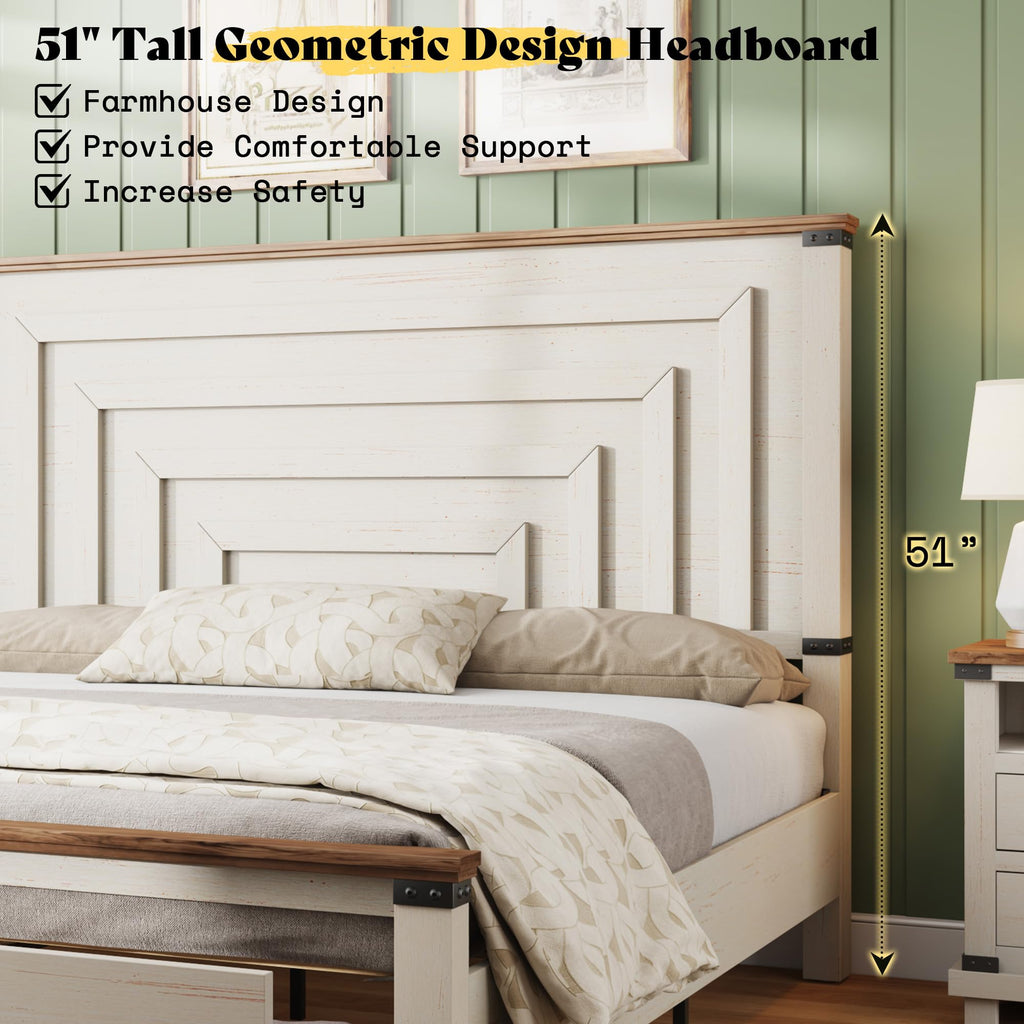 Bed Frame with 51" Headboard & Storage, Rustic White