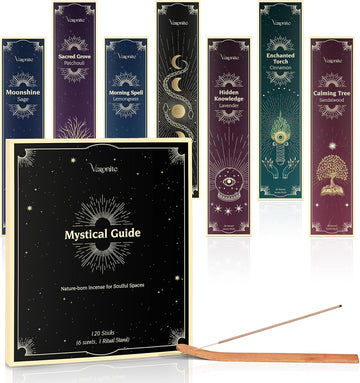 Mystical Guide Incense Sticks Variety (120 Insence-Sticks) with Holder: Patchouli, Lavender, Sandalwood - Set of 6