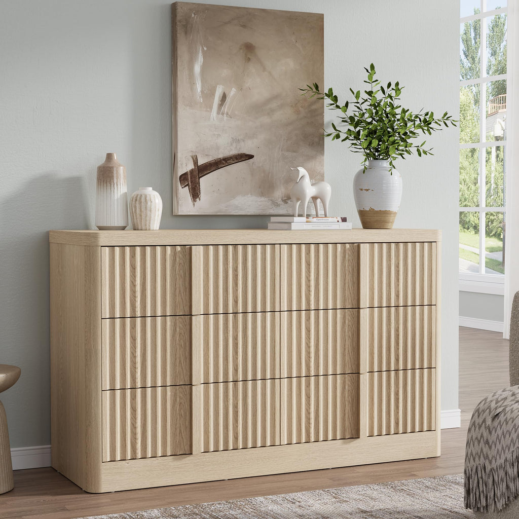 47" Wide Fluted 6 Drawer Dresser, Natural Oak