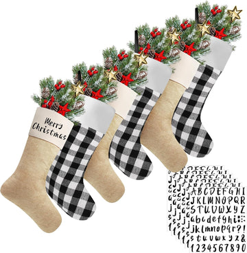 6pcs Christmas Stocking Buffalo Plaid Decor, Black White, Light Brown