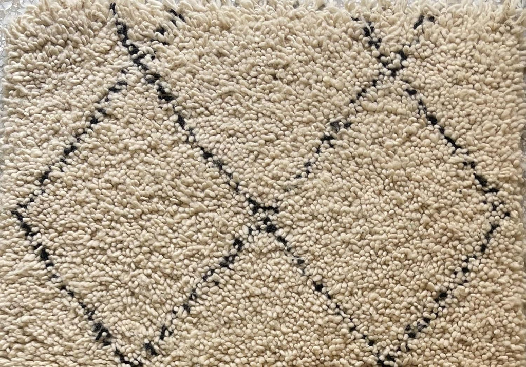 Wool Rug - Handmade Berber Shag Area Rug, Beni Ourain Style, Ivory/Cream with Charcoal Elongated Diamond