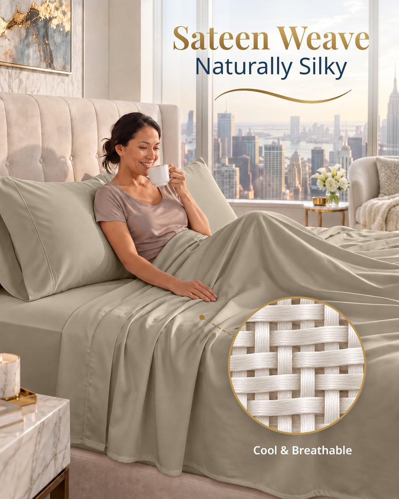 Split King Cooling Sheets 100% Egyptian Cotton Sateen - Taupe