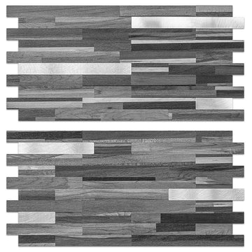 20 Sheets Peel and Stick Backsplash, Black & Grey Wood Look PVC Mixed Metal Stick on Backsplash Tiles