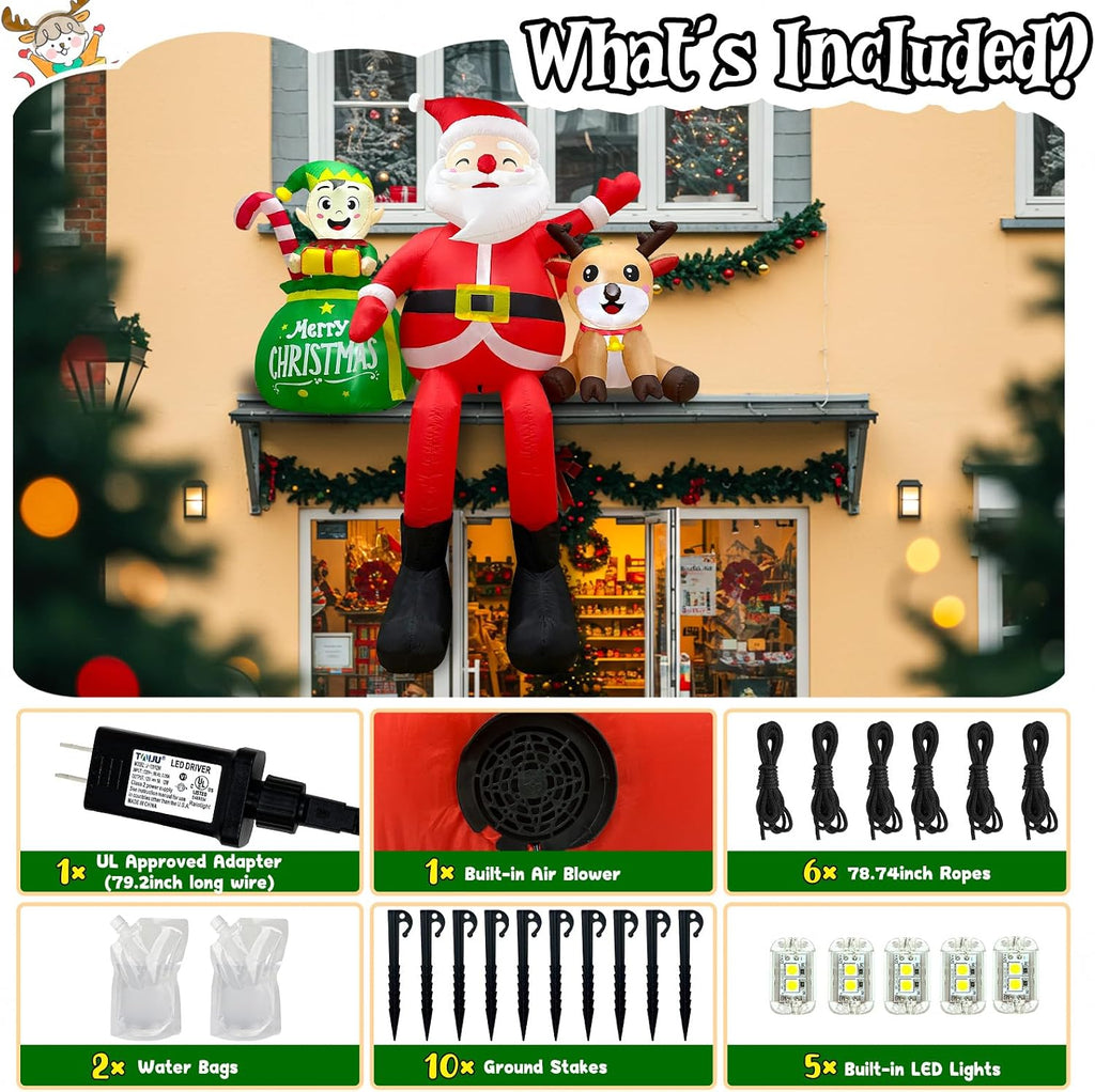 8FT Christmas Inflatables Outdoor Decoration, Climbing Inflatable Santa Claus Decor with Reindeer Elf & Built-in