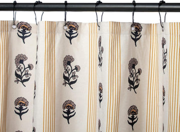 Brown Floral Linen Shower Curtain - Vintage Block Print Striped Shower Curtain Set,Rustic Farmhouse Frenchy Bathroom