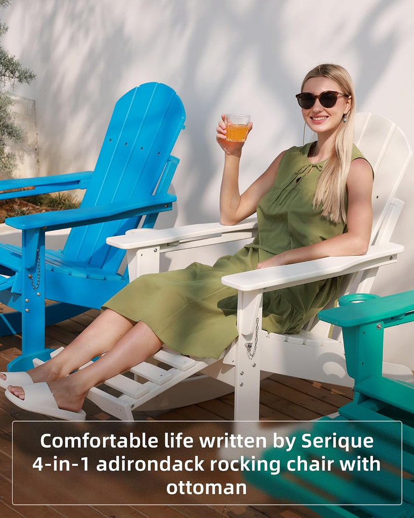 Folding Adirondack Rocking Chair,4-in-1 Multifunctional Patio Chair with Retractable Ottoman, Outdoor Chair Wood
