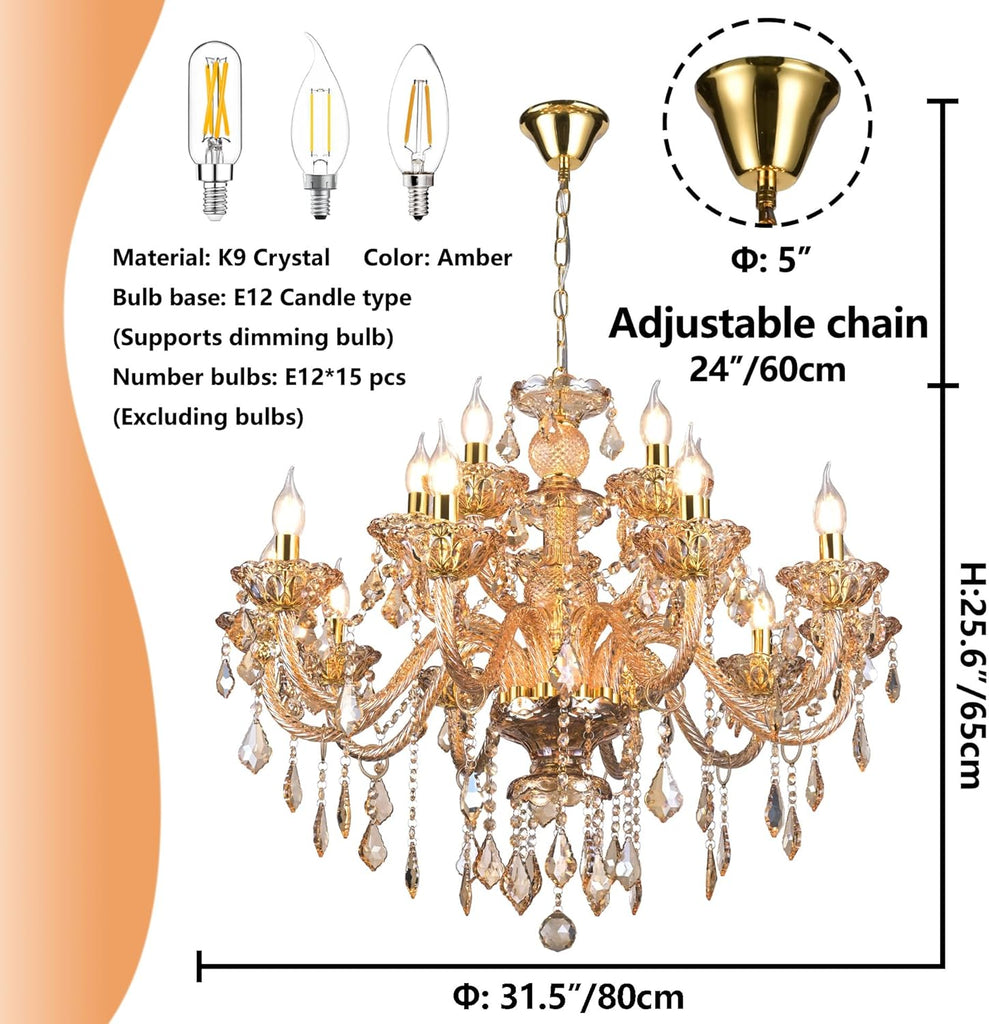 Luxury K9 Crystal Amber Color Modern Classic 15 Lights Ceiling Chandelier with Adjustable Height E12 Candelabra Base Fixture for Dining Room Kitchen Living Room A110-B0D1YB6GBM