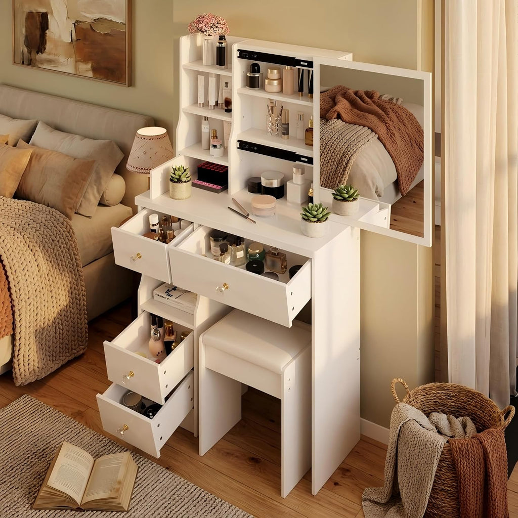 29.2" Small Space Makeup Vanity Table with Stool, Sliding Large Mirror Dressing Desk with Drawer Storage, Compact