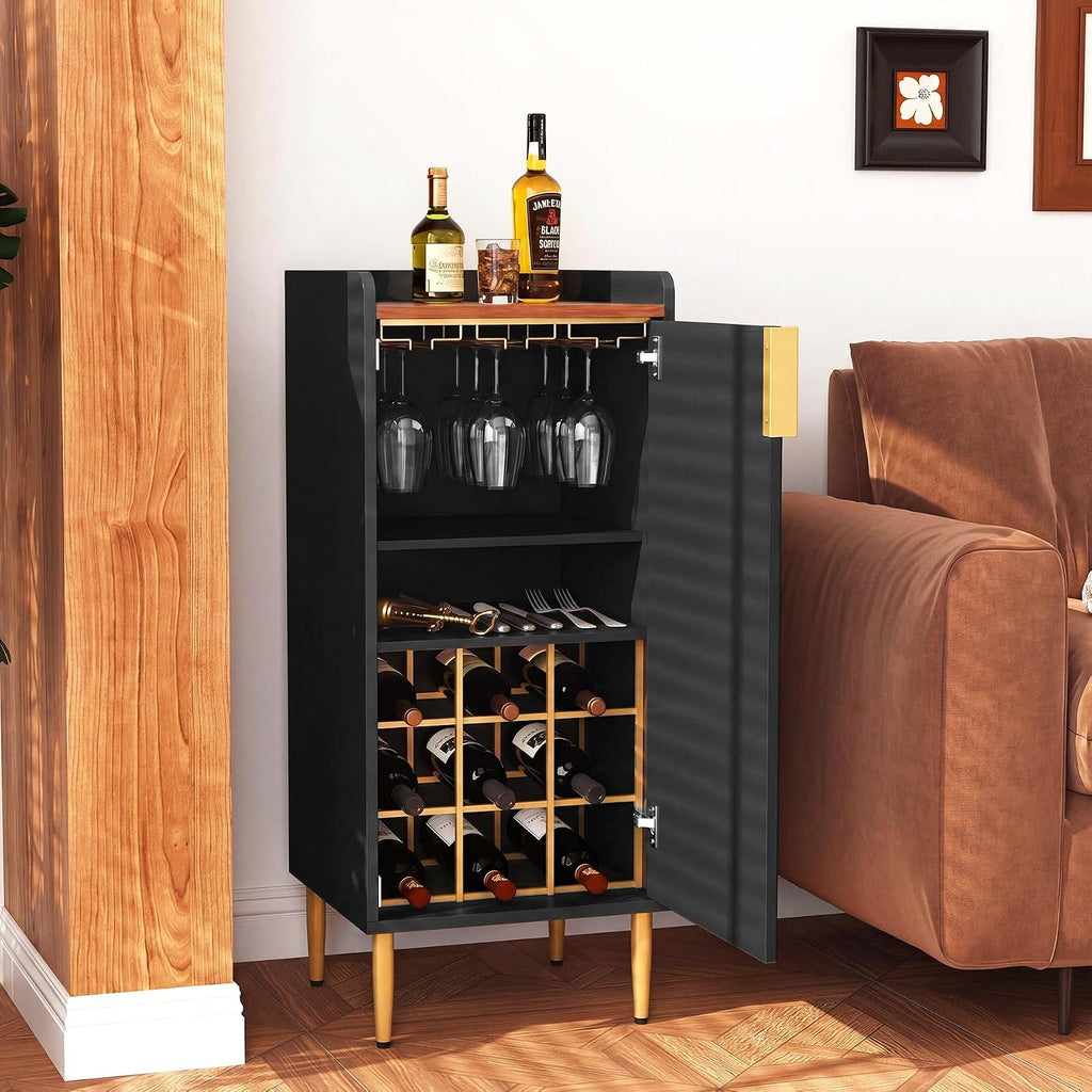 Mini Bar Cabinet , Fluted Wine Bar Cart with Wine Racks & Wine Glass Holder, Modern Corner Liquor Cabinet (Black)