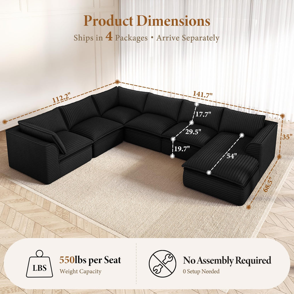 141.7" Boneless Sectional Sofa with Chaise, 7 Seater Couch, Black