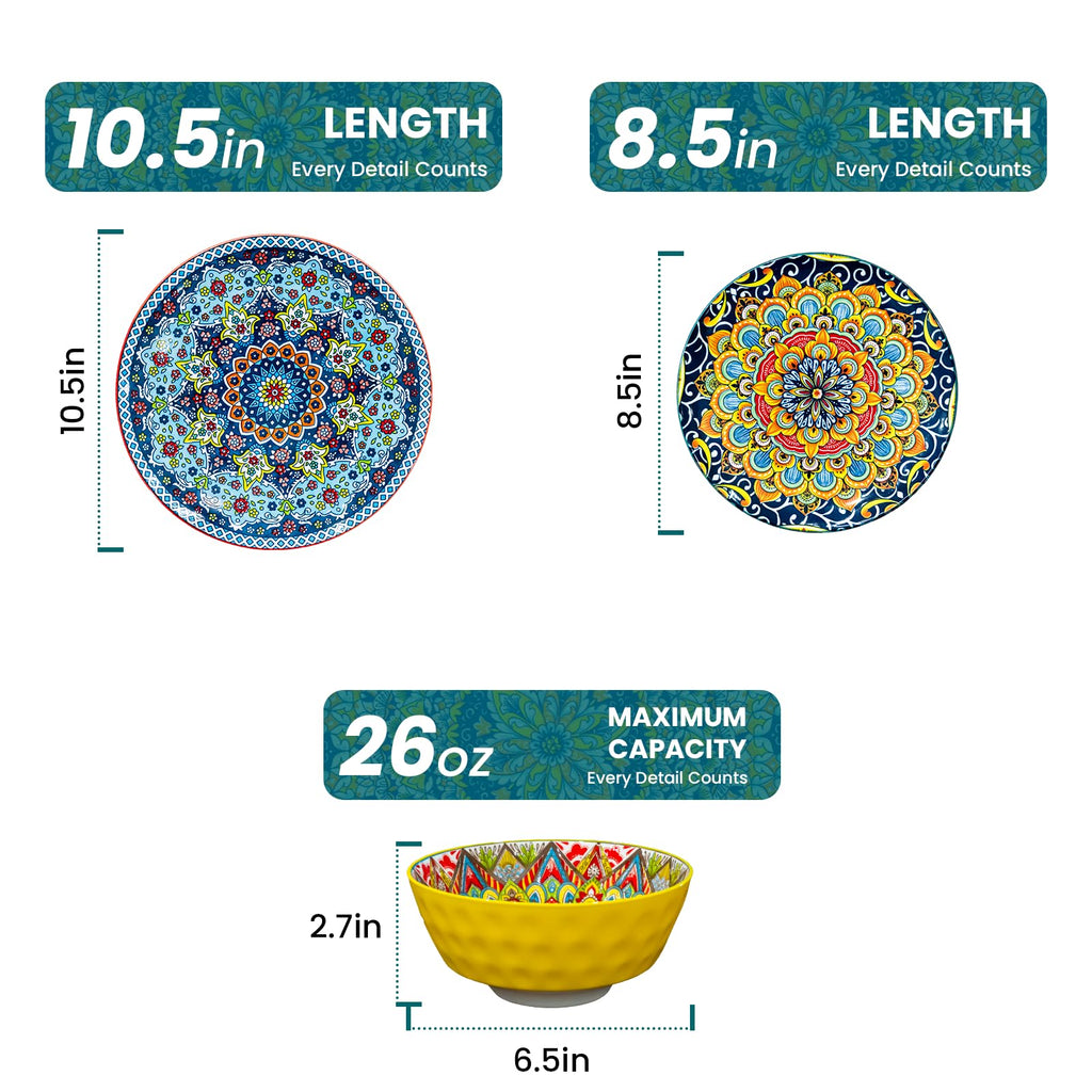 12 Pieces Dinnerware Sets, Ceramic Plates and Bowls Set, Microwave and Dishwasher Safe, Scratch Resistant, Bohemian