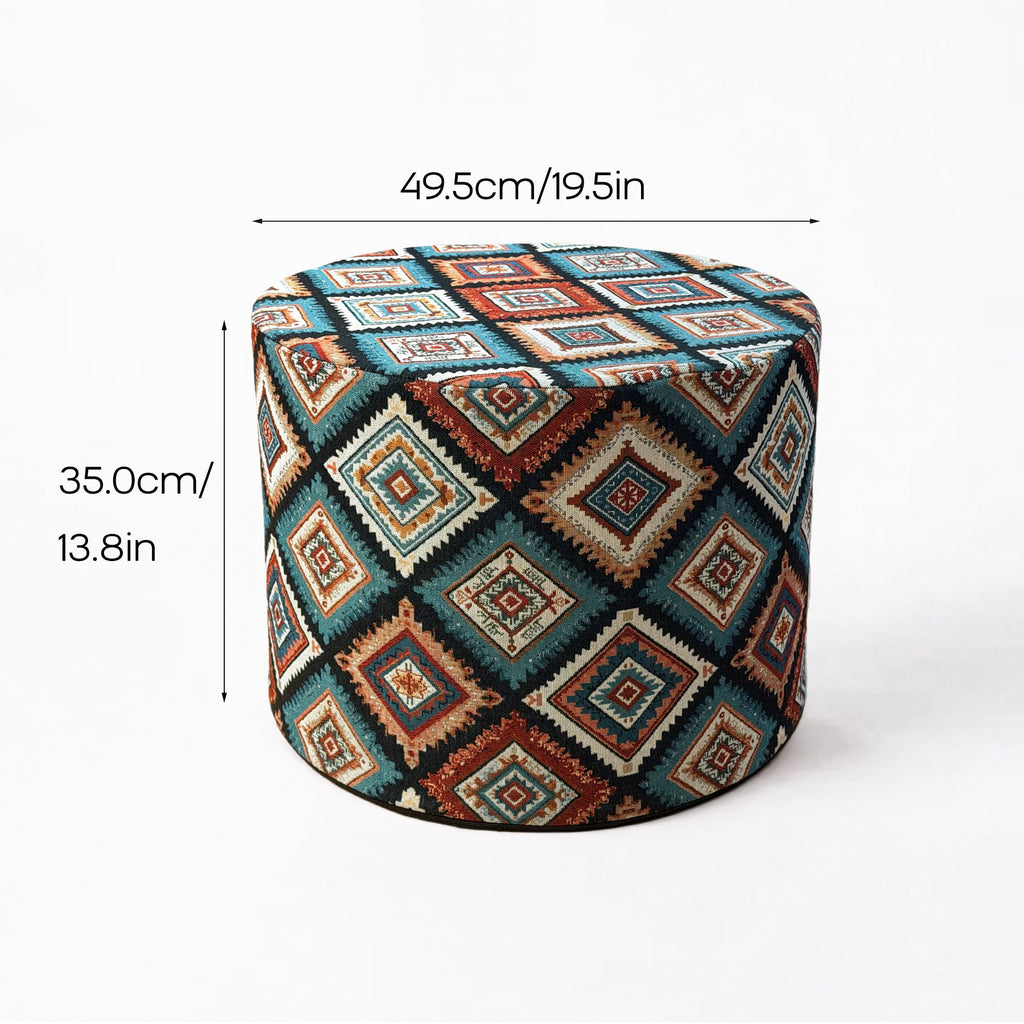 Pouf Ottoman Footrest Boho Embroidered Stuffed Round Pouf, 20" Tribal Geometric Accent Decor, Removable Cover & Firm