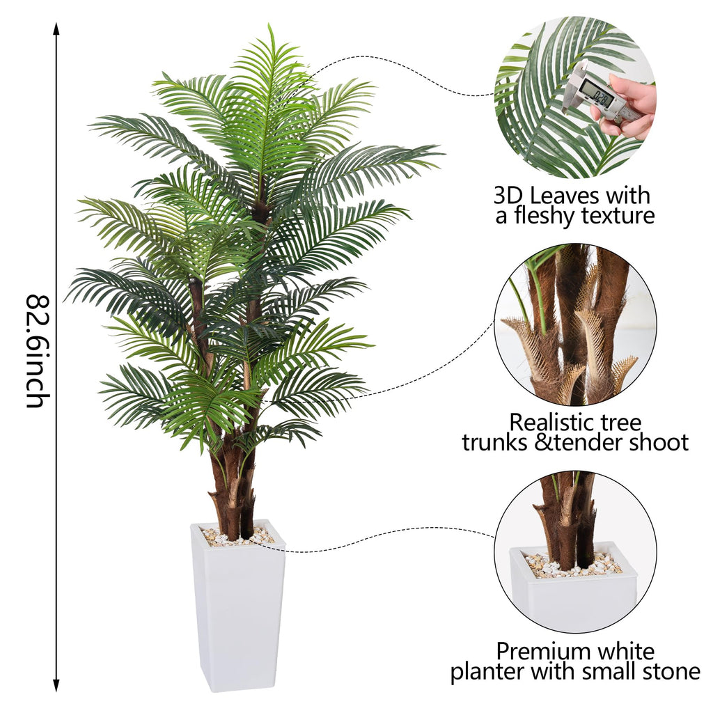 Artificial Palm Tree 7FT, Fake Tree with Realistic Fiber Trunks and White Tall Planter, Faux Tropical Areca Floor