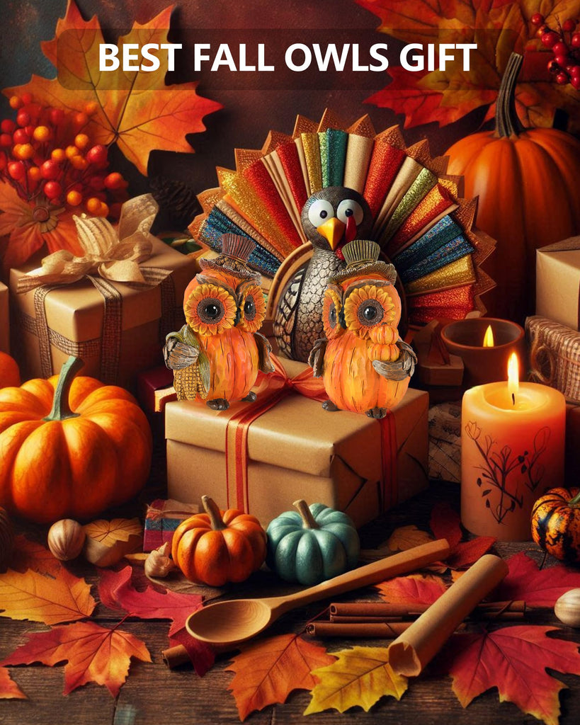 2-Pack Resin Thanksgiving Owl Figurine 4.7'' - Thanksgiving Table Decor Haverst Pumpkins Corns Decorations Indoor