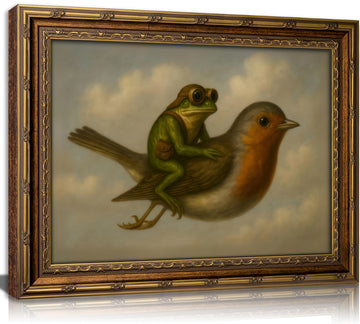 Vintage Gold Framed Whimsical Frog Robin Wall Art, Frog Riding Bird Oil Painting Canvas Print, Whimsical Animal