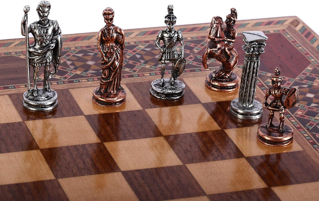 Antique Copper Roman Figures Metal Chess Set for Adults,Handmade Pieces and Natural Solid Wooden Chess Board