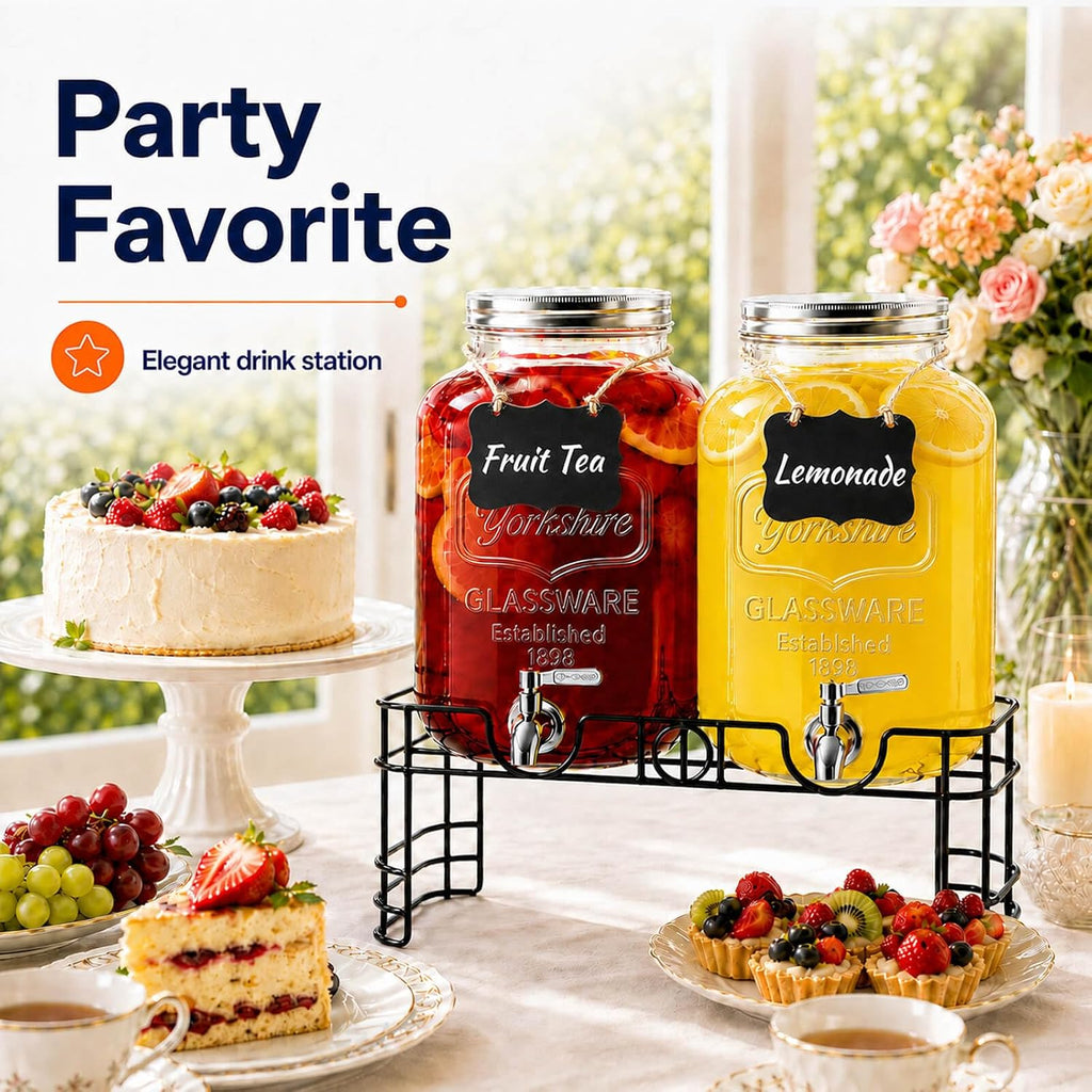 Gallon Glass Drink Dispenser, 2 Pack with Stand for Parties - Set of 2