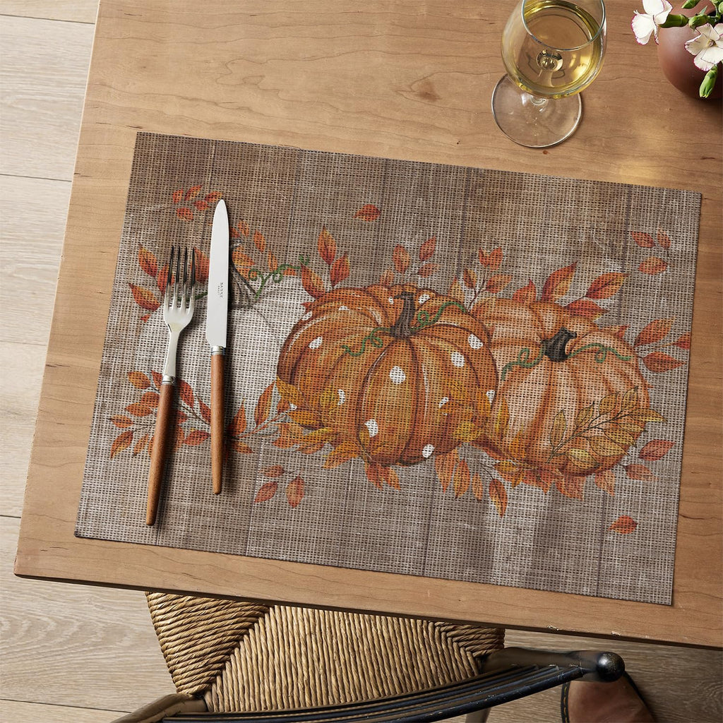 Wood Pumpkin Leaves Fall Vinyl Placemats Set of 6, Wipeable Woven PVC Table Mats for Thanksgiving Farmhouse Party