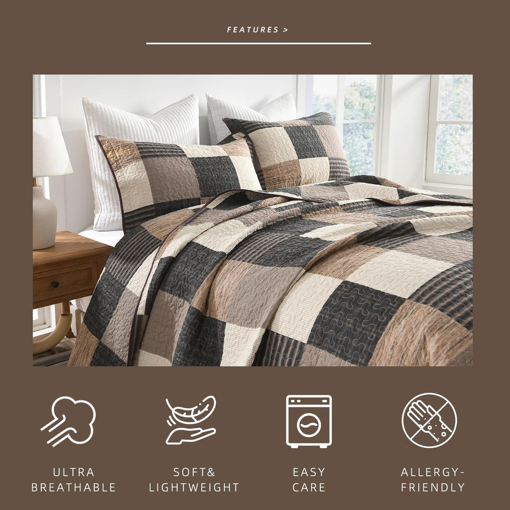 100% Cotton Quilt Set, Farmhouse Plaid Rustic Bedspread