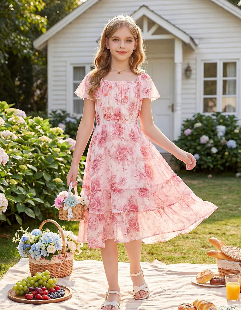 Girls Floral Summer Dress Flutter Sleeve Square Neck Midi Casual Dress for Girl