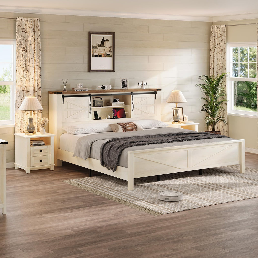 Farmhouse Platform Bed with Storage Headboard